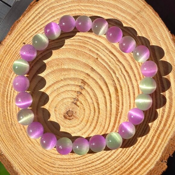 Cat’s Eye Gemstone Bracelet – Handmade w/ Purple & Green Beads for Focus & Luck - Picture 6 of 15